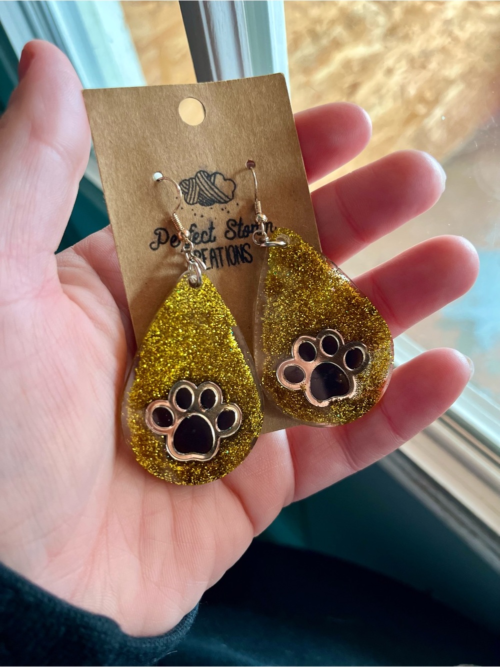 Gold Glitter Teardrop Earrings with Paw Print